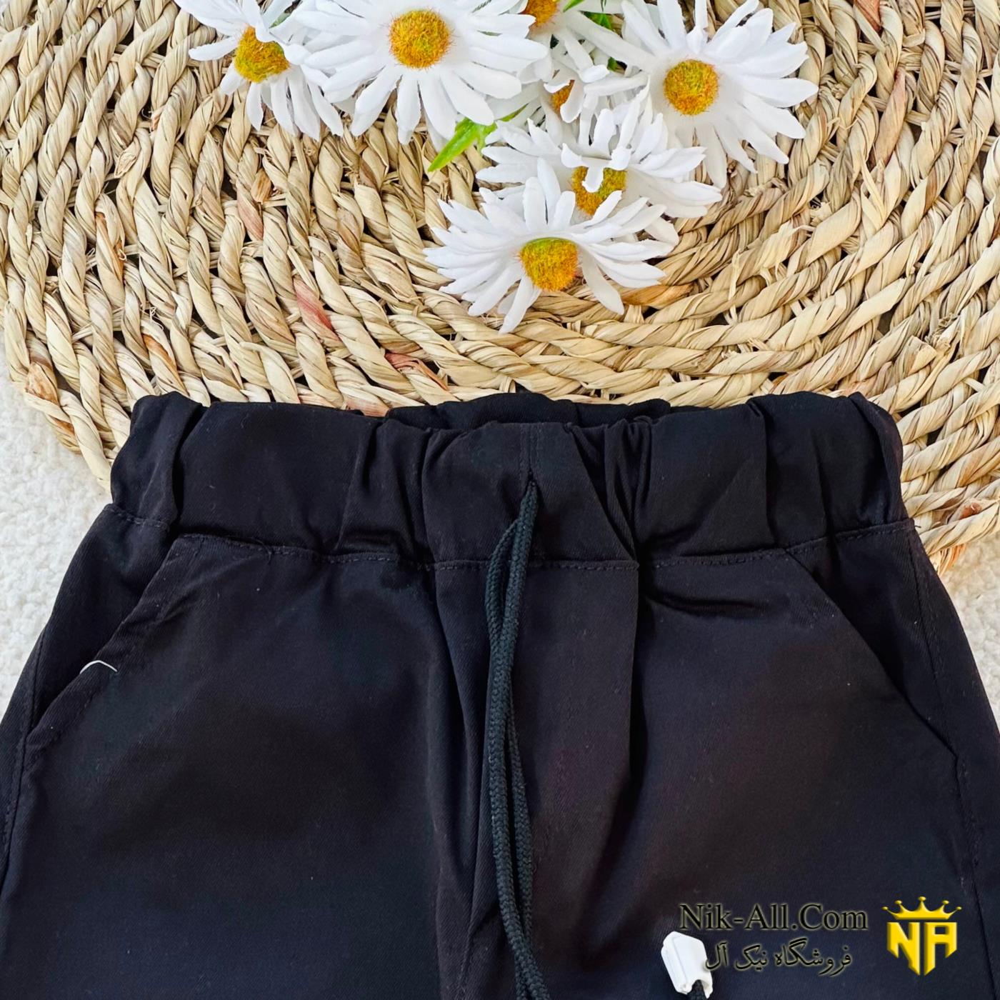 شلوارک کتان کاغذی مشکی دایناسور