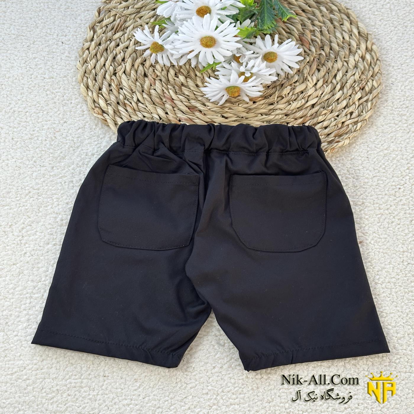 شلوارک کتان کاغذی مشکی دایناسور